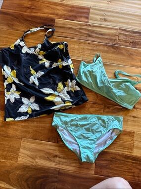 Land’s End Black Floral Tankini Top with Mint Green Bikini Set Size 10 - 3 Piece